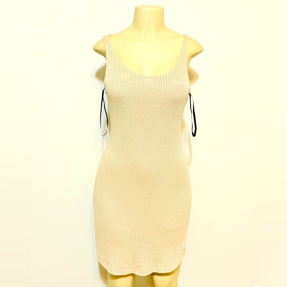 Beige sleeveless spaghetti strap dress beach cover up